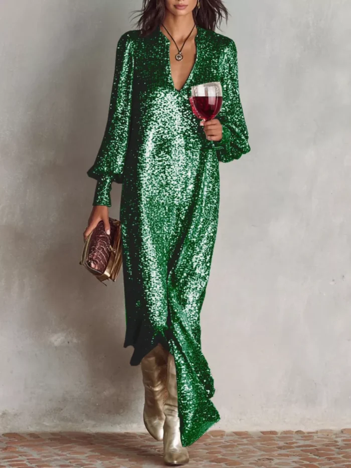 Sequin Notched Lantern Sleeve Maxi Dress - Image 7