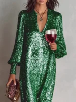 Sequin Notched Lantern Sleeve Maxi Dress - Image 8