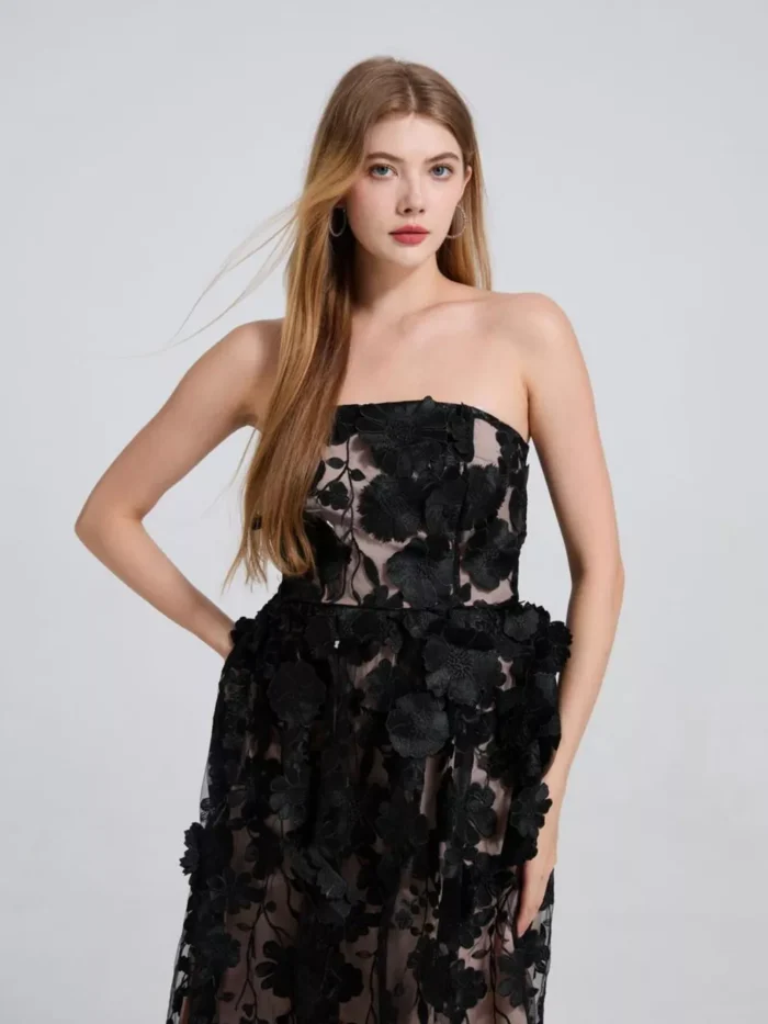 Floral Applique Strapless Midi Dress - Image 8