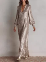 Sequin Notched Lantern Sleeve Maxi Dress - Image 3