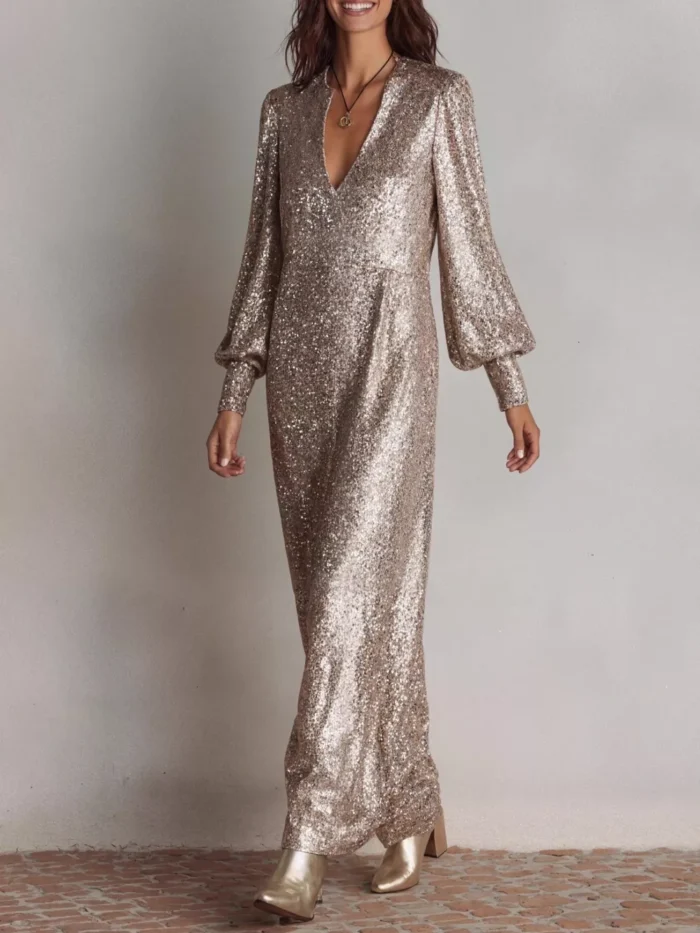 Sequin Notched Lantern Sleeve Maxi Dress - Image 3