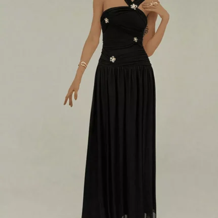 Ruched Sleeveless Maxi Dress with Embellishments