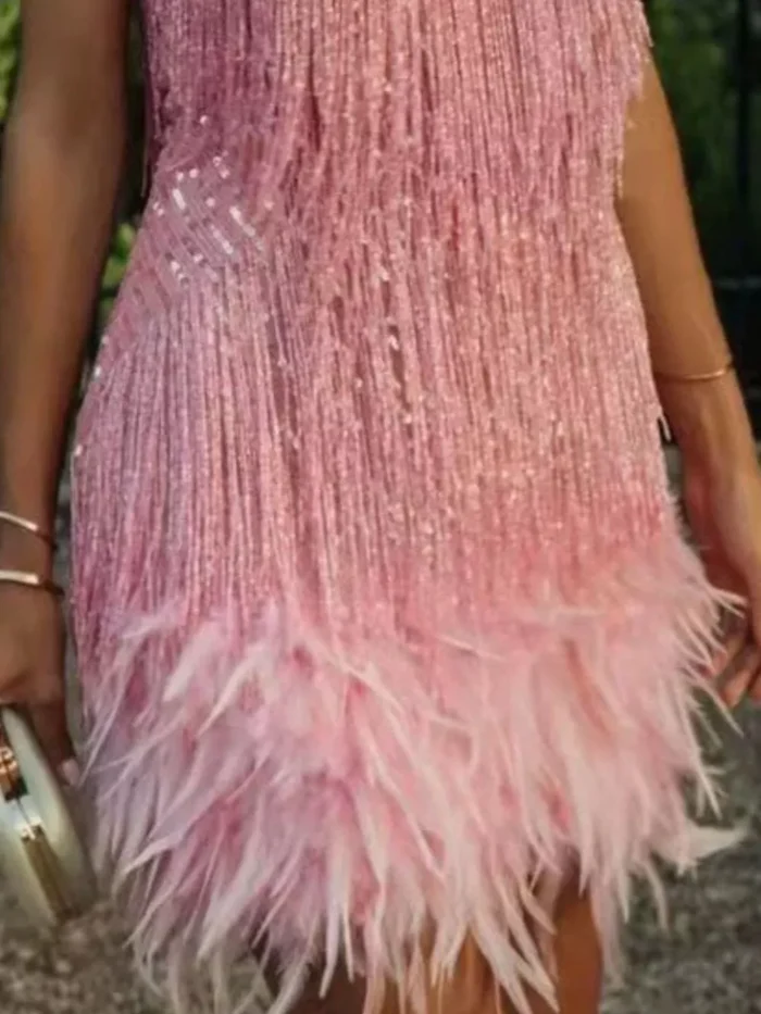 Full Size Sequin and Feather Fringe Mini Dress Plus Size - Image 7