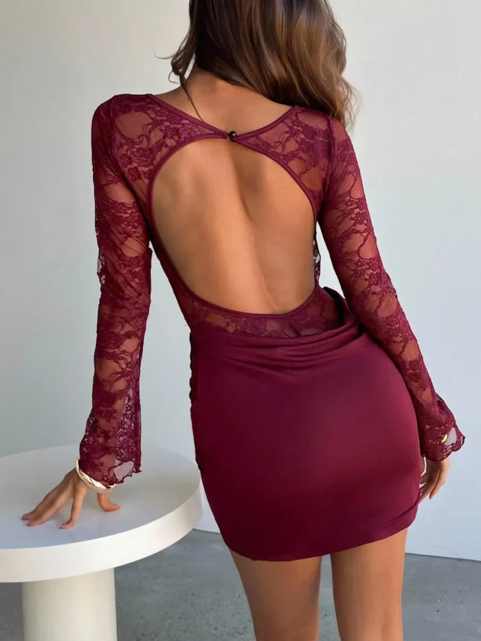 Lace Sheer Cutout Back Long Sleeve Ruched Dress - Image 2