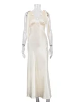 Satin Tie Shoulder Deep V-Neck Dress - Image 6