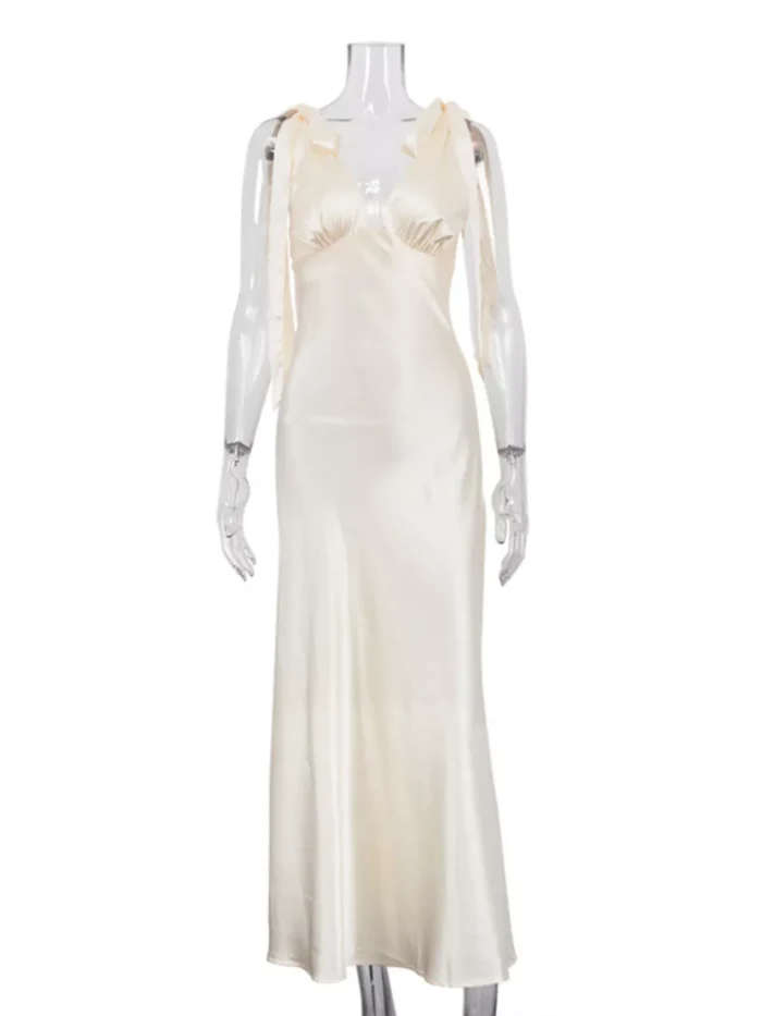 Satin Tie Shoulder Deep V-Neck Dress - Image 6