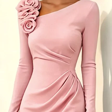 Rose Embellished Asymmetrical Neck Midi Dress