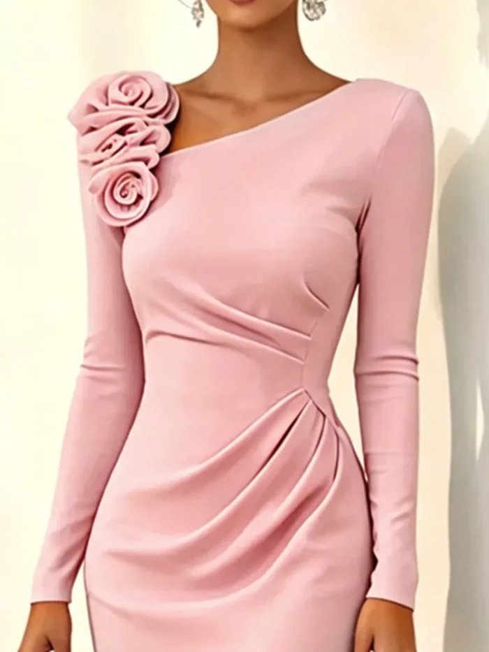 Rose Embellished Asymmetrical Neck Midi Dress - Image 2