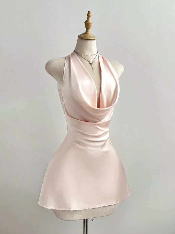 Satin Backless Halter Neck Dress - Image 2