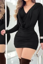 Ruched Cowl Neck Long Sleeve Mini Dress