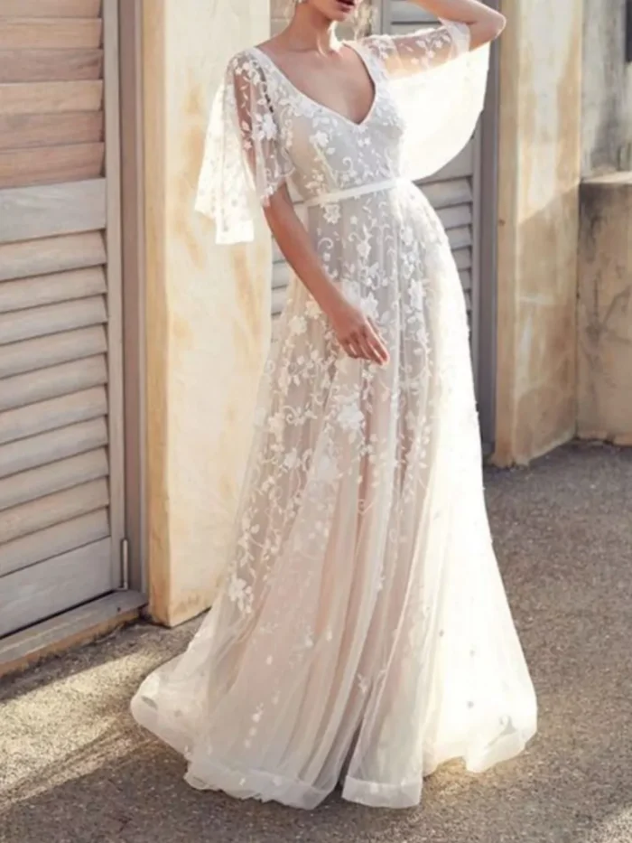 Full Size Lace Flutter Sleeve V-Neck Dress Plus Size - Image 4