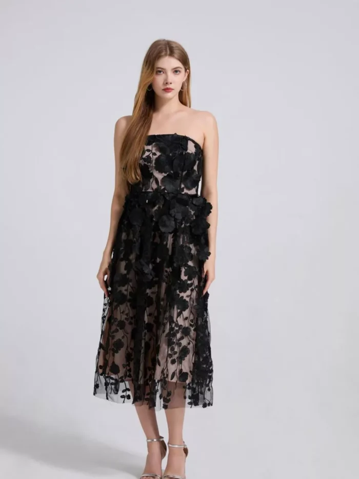Floral Applique Strapless Midi Dress - Image 4
