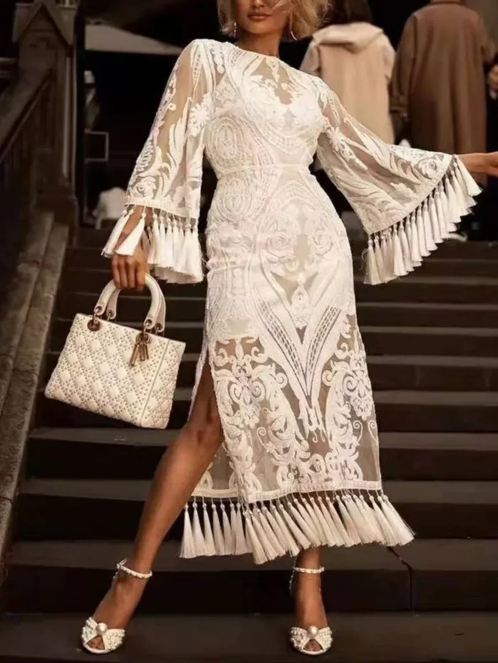 Full Size Tassel Hem Lace Flare Sleeve Dress Plus Size - Image 2