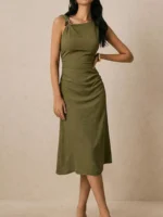 Asymmetrical Neck Ruched Midi Dress - Image 2