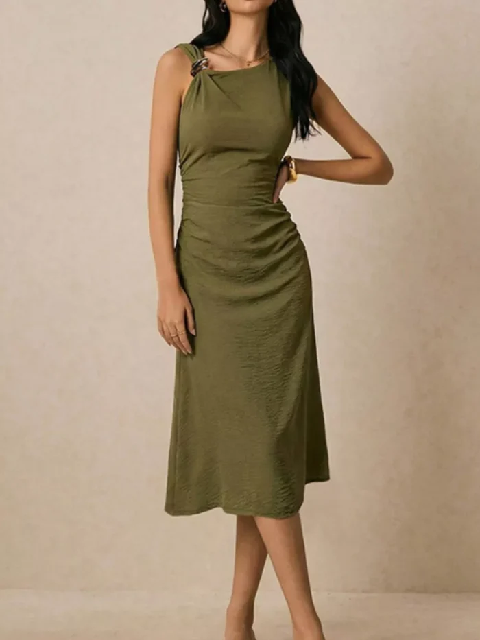 Asymmetrical Neck Ruched Midi Dress - Image 2
