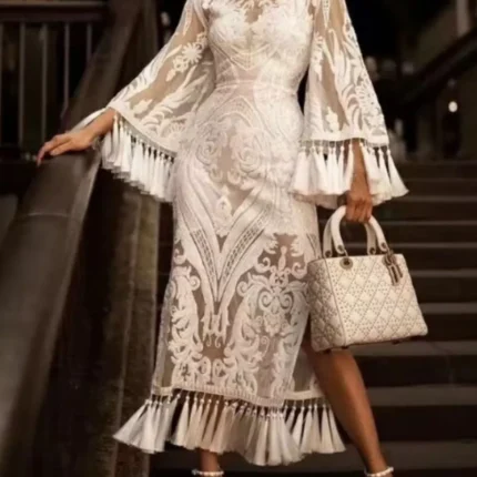 Full Size Tassel Hem Lace Flare Sleeve Dress Plus Size