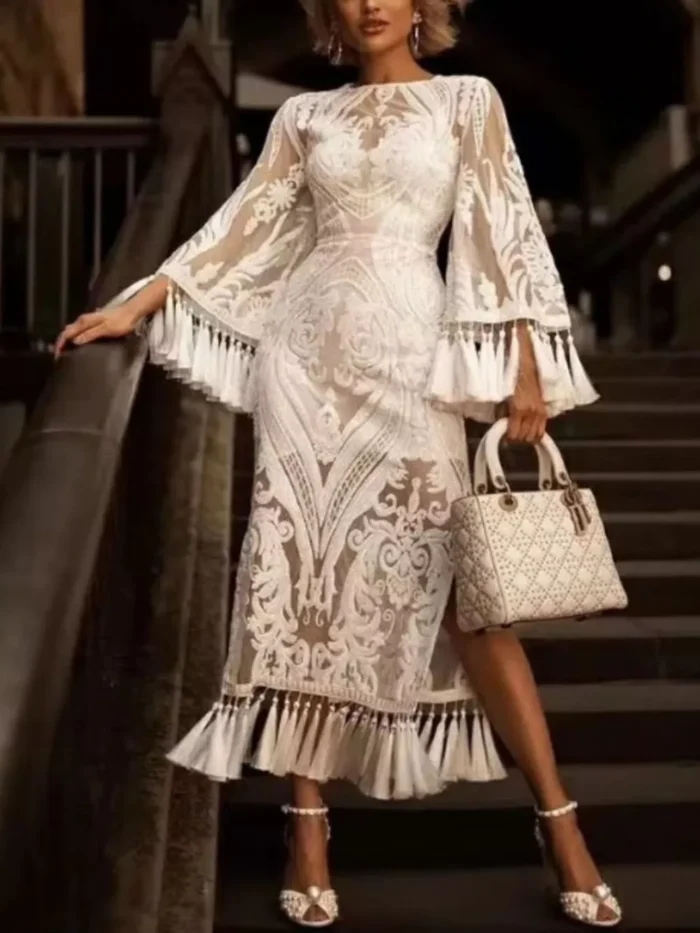Full Size Tassel Hem Lace Flare Sleeve Dress Plus Size Full Size Tassel Hem Lace Flare Sleeve Dress Plus Size - Image 1