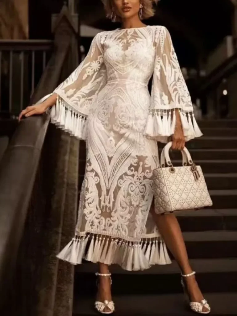 Full Size Tassel Hem Lace Flare Sleeve Dress Plus Size
