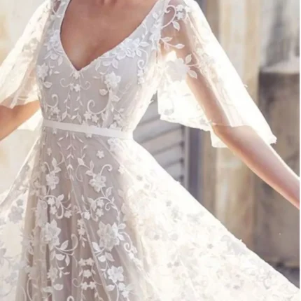 Full Size Lace Flutter Sleeve V-Neck Dress Plus Size
